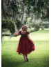 Cap Sleeves Ruby Red Sequin Tulle Curly Hem Flower Girl Dress